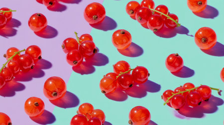 A stunning arrangement of fresh red berries on a vibrant, colorful backdrop. This visually appealing image showcases textures and shadows, perfect for gastronomy themes.の素材