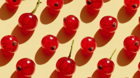 Discover a stunning arrangement of vibrant red berries placed on a soft yellow surface, showcasing beautiful shadows and a fresh aesthetic ideal for culinary projects.の素材