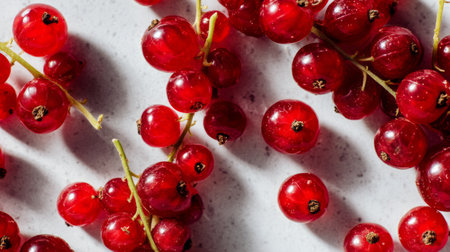 A close-up view of fresh red currants resting on a light surface, showcasing their vibrant color and juicy texture, perfect for culinary applications and healthy dishes.の素材