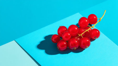 A striking arrangement of fresh red currants placed on a bright blue background. The geometric shapes and shadows enhance the modern, minimalist aesthetic. Ideal for health and food-related themes.の素材