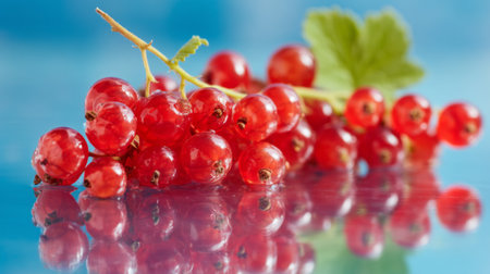 Vibrant red currants display their juicy allure on a reflective surface. Perfect for culinary creations, this image captures the freshness and natural beauty of berries.の素材