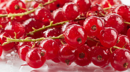 A close-up view of fresh red currants with glistening water droplets on a white surface, highlighting their vibrant color and natural freshness for culinary uses.の素材