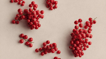 A captivating arrangement of vibrant red berries on a soft beige background, highlighting their rich color and texture, ideal for food, decoration, and art projects.の素材