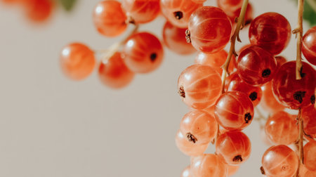 This image showcases a beautiful cluster of fresh red currants, highlighting their vibrant color and juicy appearance. Perfect for promoting healthy eating and culinary delights.の素材