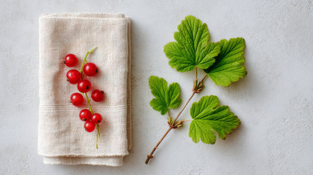 A serene composition featuring fresh red currants and vibrant green leaves placed on a light gray surface beside a folded linen napkin, perfect for culinary inspiration.の素材