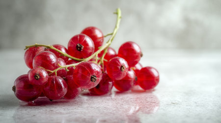 A close-up of fresh red currants glistening with water drops on a smooth gray marble surface. Perfect for health, food photography, and culinary inspirations.の素材