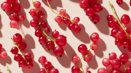 A visually appealing arrangement of fresh red currants on a light pink background, showcasing their vibrant colors and textures, ideal for culinary and lifestyle presentations.の素材