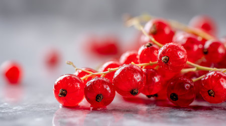 This close-up image captures fresh red currants with glistening water droplets on a grey surface, highlighting their vibrant color and plump texture, perfect for food themes.の素材