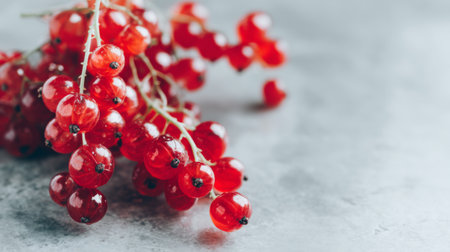 A vibrant cluster of fresh red currants resting gracefully on a textured grey surface, ideal for showcasing the beauty of healthy ingredients in culinary creations.の素材