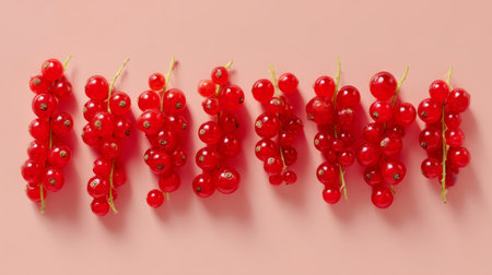 Vibrant red currants are displayed artistically against a soft pink backdrop. Ideal for food-related projects, this image highlights fresh, healthy, and flavorful fruit.の素材