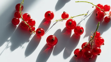 Capture the essence of freshness with a beautiful arrangement of red currants on a white surface, showcasing rich colors and soft shadows, perfect for food lovers.の素材