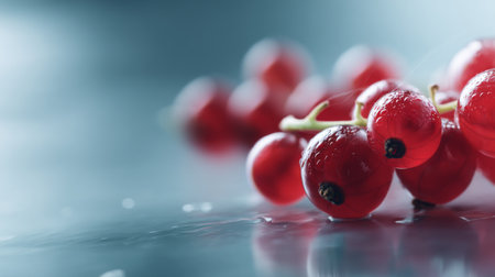 A stunning close-up of fresh red currants glistening with water droplets on a reflective surface, embodying freshness and natural beauty perfect for culinary uses.の素材