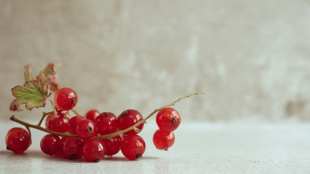 A beautiful arrangement of fresh red currants with green leaves on a soft light background, showcasing the fruits' vibrant color and natural beauty, ideal for culinary imagery.の素材