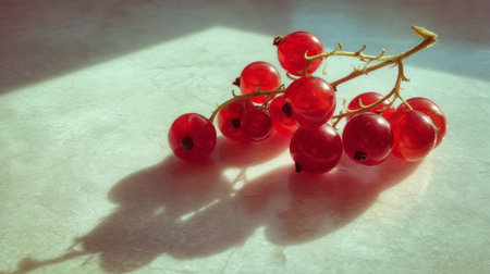 A beautiful arrangement of fresh red currants casts delicate shadows on a light surface, illuminated by soft natural light, highlighting their vibrant color and texture.の素材