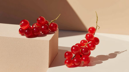 This image features fresh red grapes against a minimalist background with soft sunlight and shadows, perfect for culinary and design projects emphasizing freshness and aesthetics.の素材