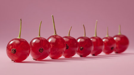 A captivating image of fresh red currants artistically arranged in a straight line against a soft pink background, showcasing their bright color and healthy appeal.の素材