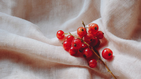 A stunning arrangement of fresh red berries atop soft linen fabric showcases nature's beauty in a minimalist style, perfect for food photography or decor inspiration.の素材