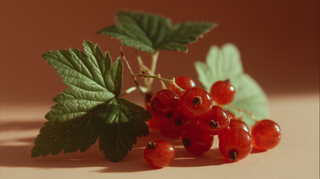 A visually appealing arrangement of fresh red currants accompanied by green leaves, set against a soft peach backdrop. Ideal for food-themed photography and culinary projects.の素材