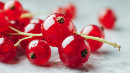 Captivating close-up of fresh red currants on a gray surface, showcasing vibrant color and natural water droplets. Perfect for food enthusiasts and healthy living themes.の素材
