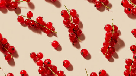 Vibrant red currants spread across a pale background create an inviting scene for culinary photography. Perfect for highlighting fresh ingredients in recipes.の素材