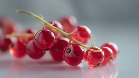A stunning depiction of fresh red currants resting on a branch, glistening with dew. Ideal for promoting healthy eating, recipes, and natural food visuals.の素材