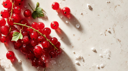 A fresh cluster of red currants rests on a light marble surface, complemented by sea salt and casting soft shadows, ideal for food styling and culinary inspiration.の素材