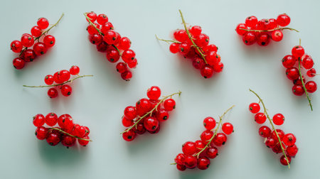 A visually appealing arrangement of fresh red currants showcases their glossy texture and vibrant color, perfect for food photography, recipes, and healthy lifestyle themes.の素材