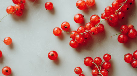 A visually appealing arrangement of fresh red currants on a smooth gray background, showcasing the vibrant color and ripe quality of these delicious berries.の素材