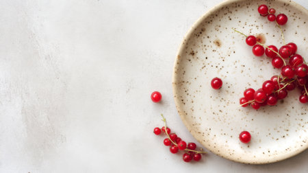 A simple plate showcases fresh red berries, highlighting the beauty of natural ingredients. Ideal for food blogs, health recipes, and lifestyle themes.の素材