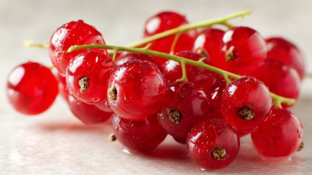 This image captures a cluster of fresh red currants on a light marble surface, showcasing their vibrant color and juicy texture enhanced by sparkling water droplets.の素材