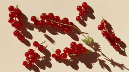 A visually appealing layout of fresh red currants showcases their vibrant color and texture against a soft background, emphasizing their natural beauty and health benefits.の素材