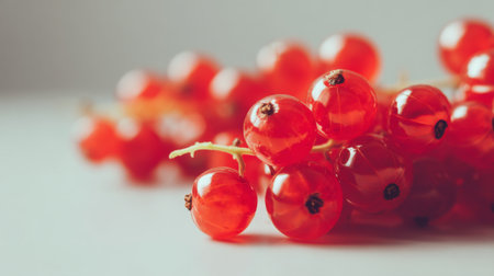 Bright red currants on a smooth surface showcase their natural beauty, making them ideal for food photography, recipes, or wellness content celebrating fresh ingredients.の素材