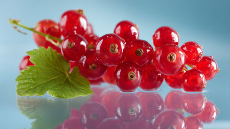 A striking image of fresh red currants with a glossy surface set against a serene blue background. Ideal for themes of health, nutrition, and culinary creativity.の素材