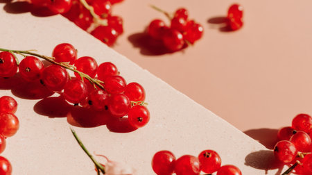A beautiful arrangement of fresh red currants on a soft pink surface, showcasing their vibrant colors and natural beauty, ideal for culinary and health-related projects.の素材