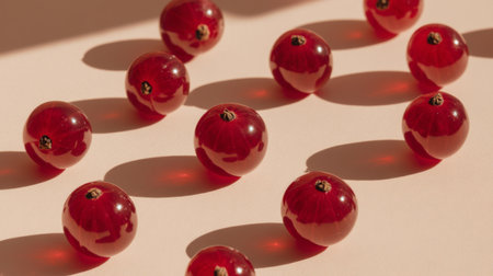 A visually striking arrangement of glossy red fruit spheres on a soft surface, casting intriguing shadows that enhance the aesthetic appeal and artistic quality.の素材
