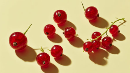 A stunning arrangement of fresh red berries on a light yellow background, showcasing their vibrant color and smooth texture, ideal for culinary inspiration and healthy living.の素材
