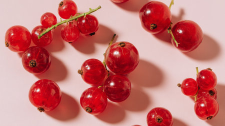 A stunning arrangement of fresh red berries on a soft pink surface, showcasing their glossy texture and vibrant color, perfect for food photography or design projects.の素材