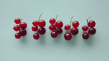 A beautiful arrangement of fresh red currants on a light background emphasizes their glossy texture and vibrant color, perfect for culinary projects and artistic uses.の素材