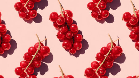 A visually striking arrangement of fresh red berries showcases their natural beauty against a soft pink background, creating an elegant and minimalist aesthetic perfect for designs.の素材