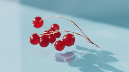 Bright red currants are arranged on a light blue surface, creating a stunning visual effect with reflections and shadows that highlight their freshness and vibrancy.の素材