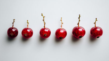 This image features fresh red berries artfully arranged in a line against a minimalist background, ideal for themes of health, nutrition, and natural eating.の素材