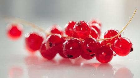 A beautiful arrangement of fresh red currants glistening with water droplets, showcasing vibrant colors and a healthy appeal, ideal for culinary and health themes.の素材