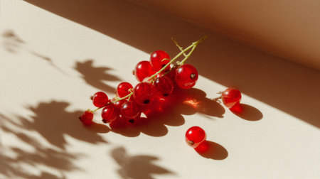A striking arrangement of fresh red currants against a soft background, highlighting their juicy texture and vibrant color, perfect for culinary and lifestyle projects.の素材