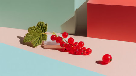 A stunning arrangement of fresh red currants accompanied by a green leaf, set against a vibrant geometric background, ideal for modern culinary inspiration and still life art.の素材