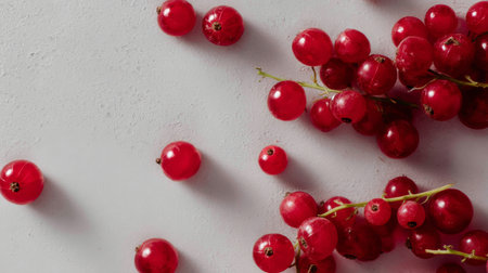 A collection of fresh red berries beautifully arranged on a light background, showcasing their vibrant color and rich texture ideal for culinary and health-centric themes.の素材