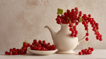 A charming white teapot filled with fresh red currants, styled beautifully with berries on a plate, perfect for culinary and seasonal imagery in food photography.の素材