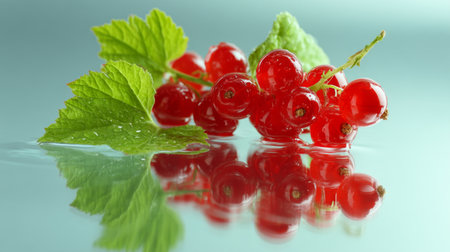 A stunning arrangement of fresh red currants with green leaves resting on a reflective water surface. This image highlights the natural beauty and vibrancy of these berries.の素材