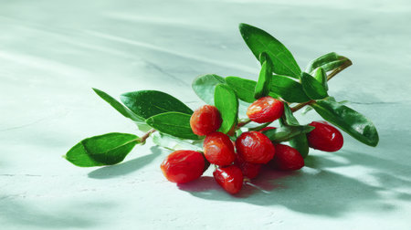 A beautiful arrangement of fresh goji berries with vivid red color and lush green leaves, highlighting the benefits of healthy eating and vibrant living.の素材
