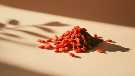 A visually striking arrangement of goji berries highlighting their vibrant color against a soft backdrop, perfect for promoting health, wellness, and nutrition themes.の素材