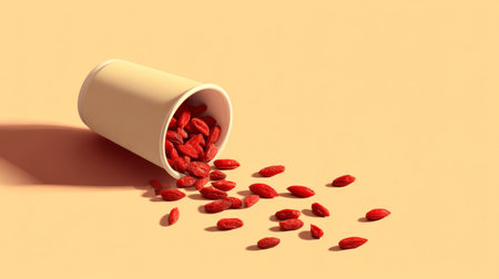 A stunning composition of goji berries spilling from a white paper cup onto a soft pastel background, perfect for highlighting health, nutrition, and lifestyle themes.の素材